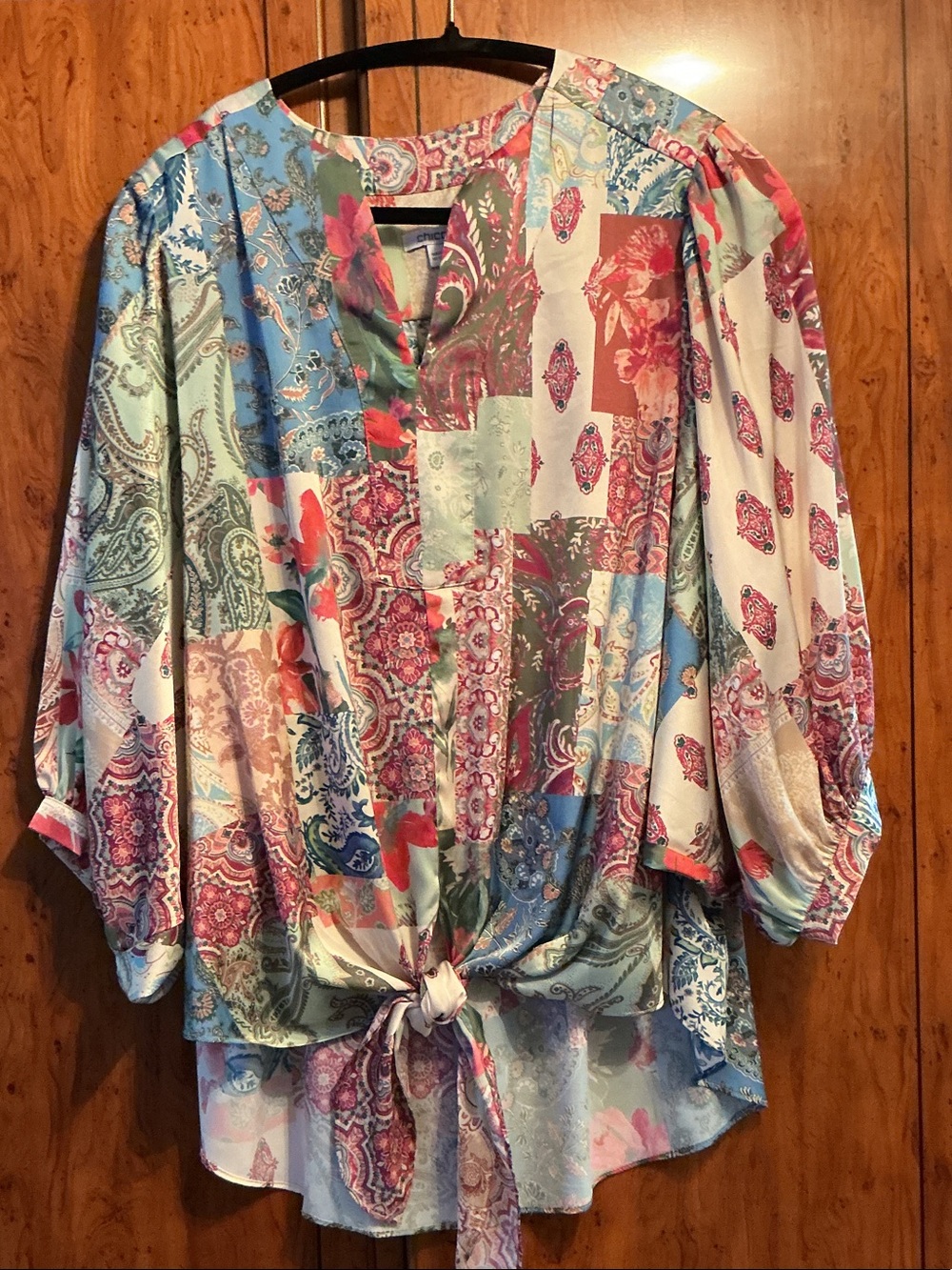 Chico's Multicolor Patchwork Tie-Front Blouse